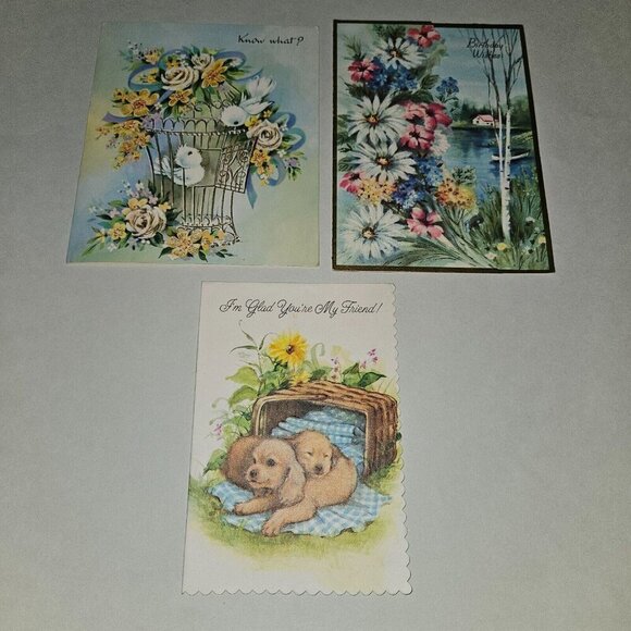 3 VTG Happy Birthday Greeting Cards Lot Floral Lake Birds Puppies NEVER USED - Picture 1 of 10